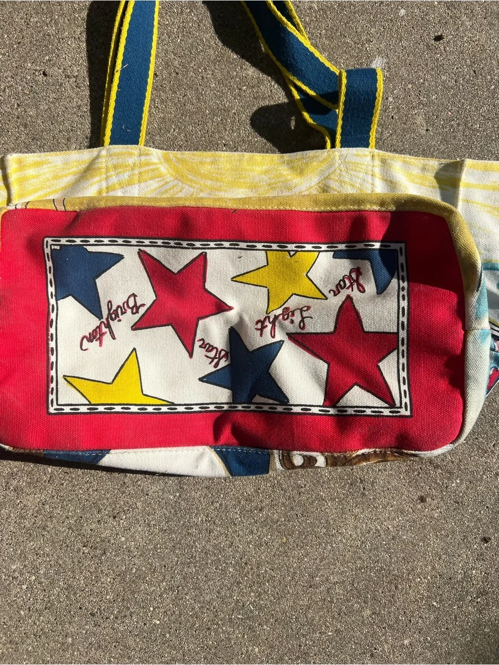Brighton Canvas Tote with Patriotic Blue, Red & Brown Artwork